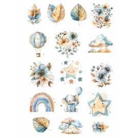 Hârtie de orez Decoupage, Tema Elefănțel, Stele și Nori – Baby Dreams, 30gsm Premium, Tehnica șervețelului