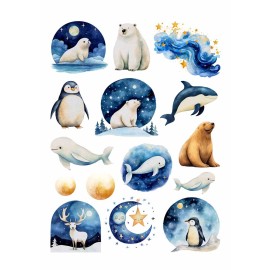 Hârtie de orez Decoupage, Tema Animale Polare și Stele, 30gsm Premium, Tehnica șervețelului