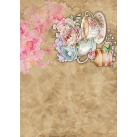 Hârtie de orez Decoupage, Tema Ceainic Vintage Floral, 30gsm Premium, Tehnica șervețelului