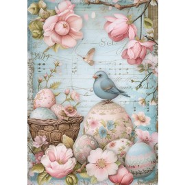 Hârtie de orez Decoupage, Tema Flori și Ouă Decorative Paste, 30gsm Premium, Tehnica șervețelului