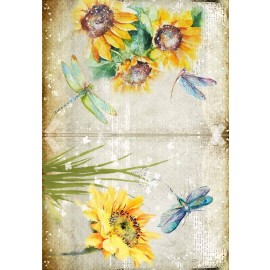 Hârtie de orez Decoupage, Tema Floarea-Soarelui și Libelule, 30gsm Premium, Tehnica șervețelului