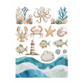 Hartie de orez Decoupage, Tema Creaturi Marine și Far, 30gsm Premium, Tehnica servetelului